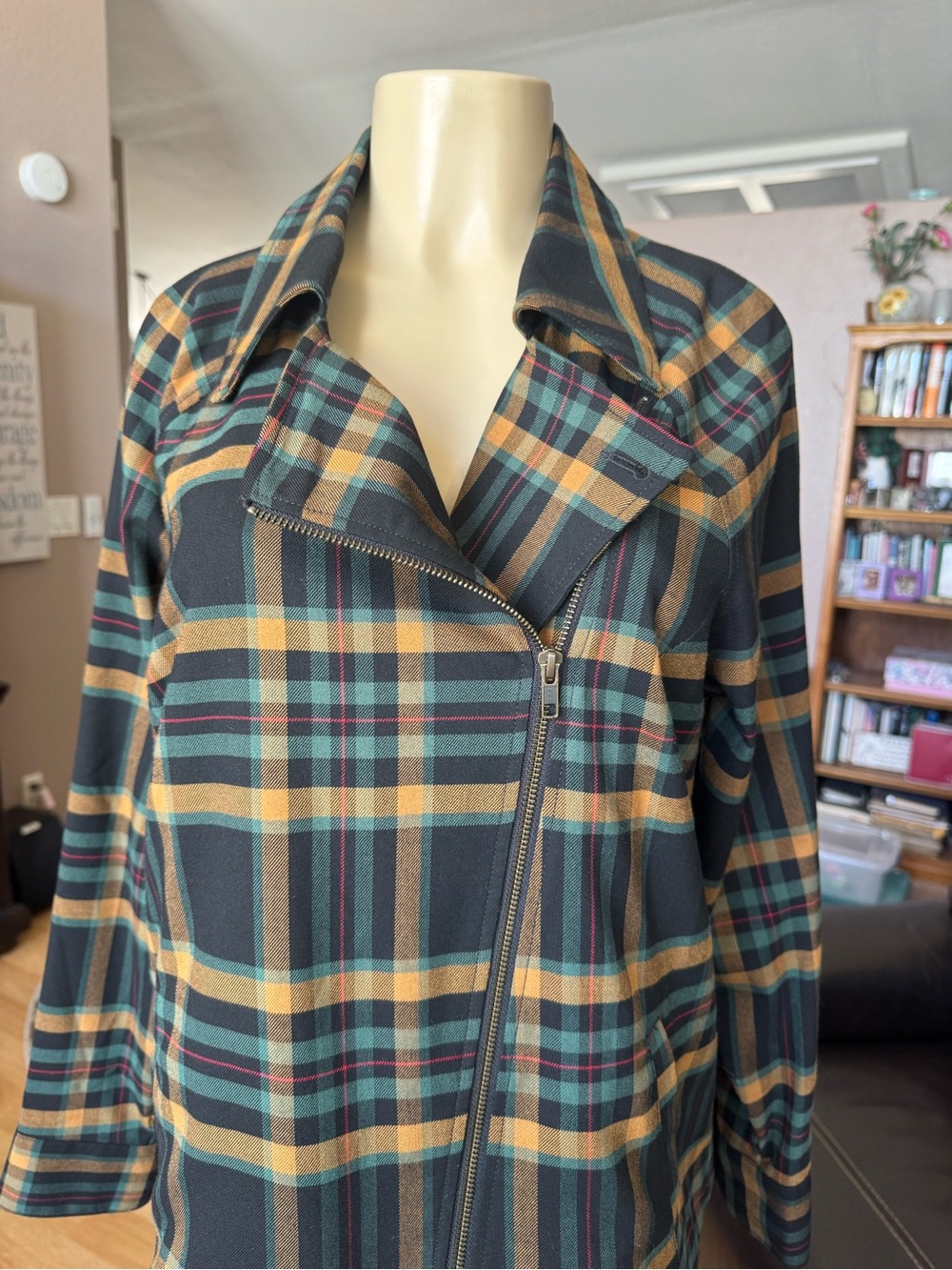 CAbi Plaid Jean Jacket in Green, Yellow, Black & Tan - Picture 7 of 11